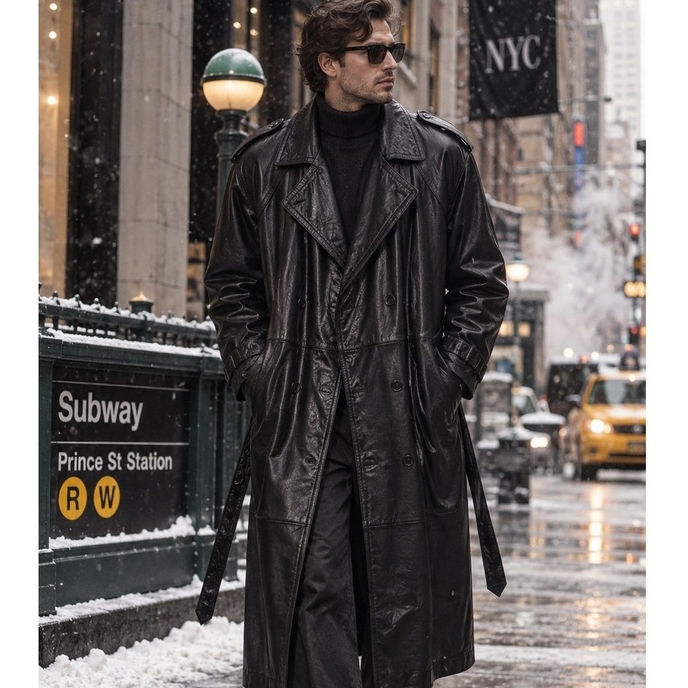 Pelle Studio Double Breasted Leather Thick Trench Coat Mens XL Black Thinsulate